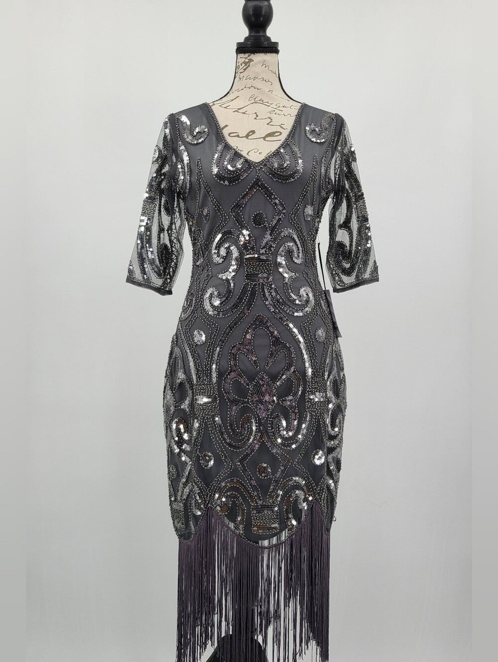 Unique Vintage 1920's Silver Sequin Fringe Flapper Dress Size Small